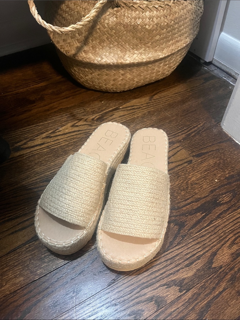 BEAU Neutral Woven Slide Sandals in Natural
